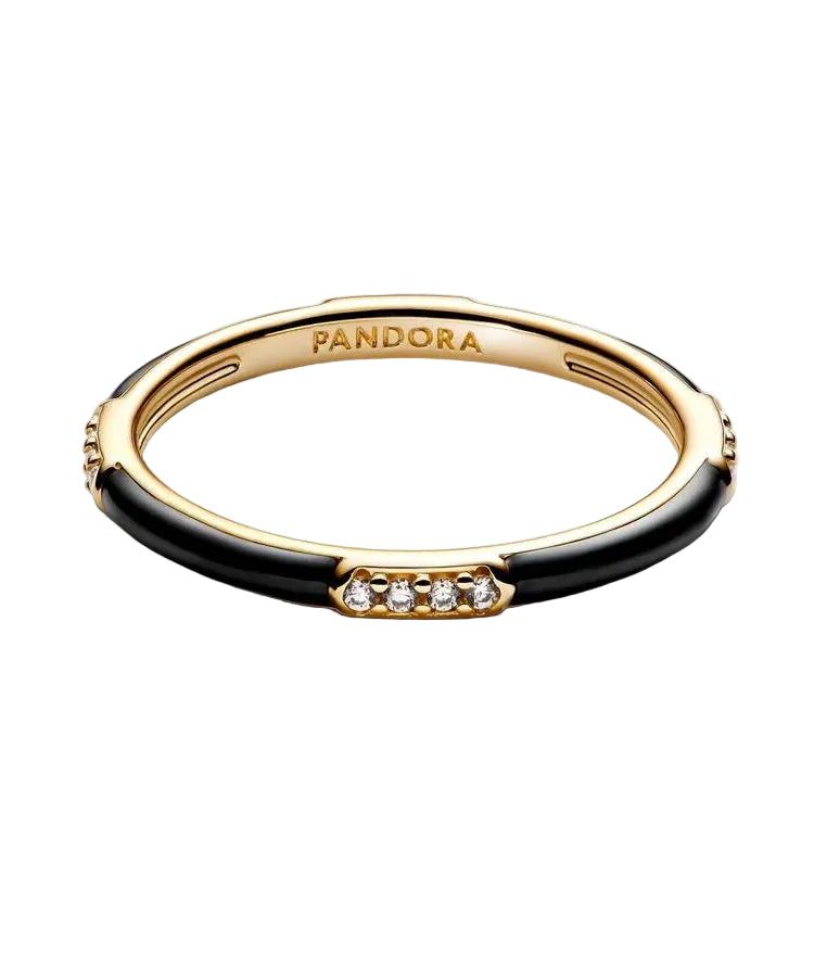 Anel Pandora Esmalte Preto e Pedras