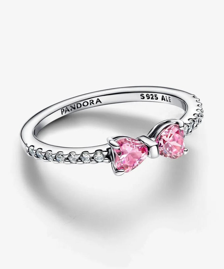 Anel Pandora Laço Rosa Brilhante