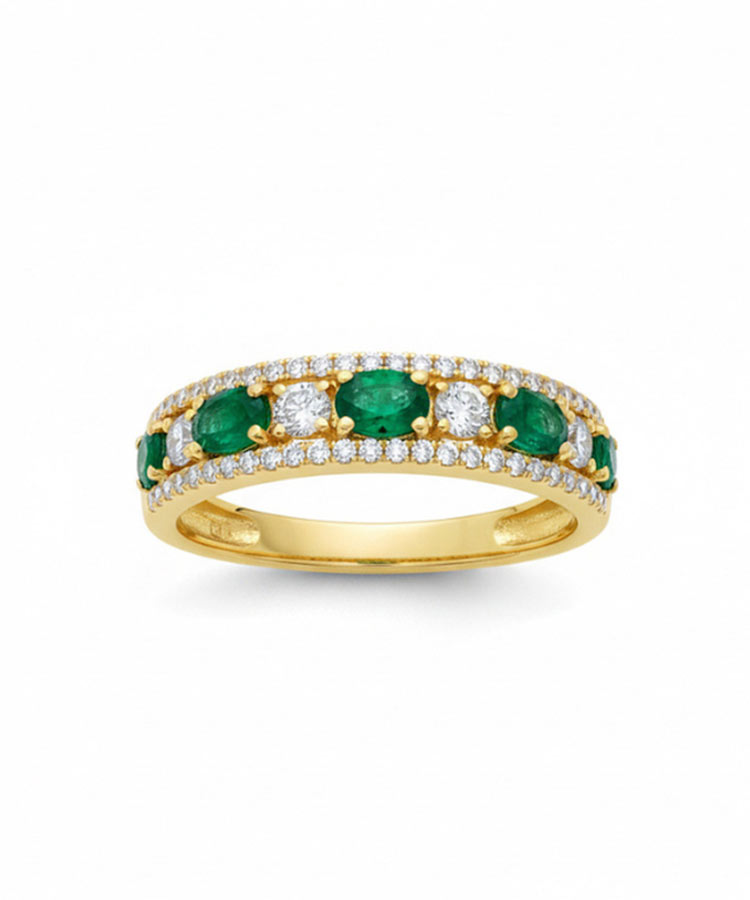 Anel ouro amarelo com Diamantes e Esmeraldas Naturais