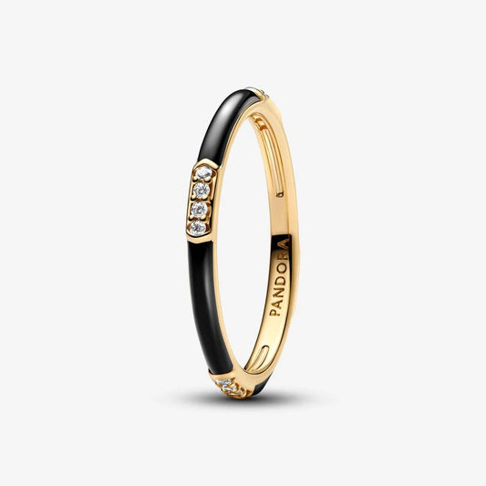 Anel Pandora Esmalte Preto e Pedras