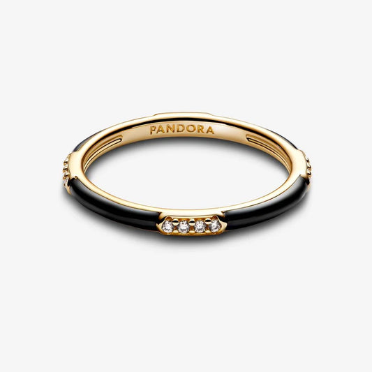 Anel Pandora Esmalte Preto e Pedras