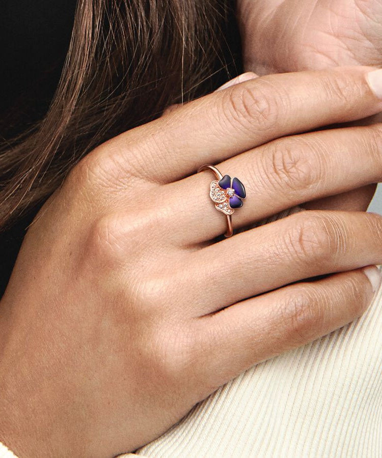 Anel Pandora Rose Deep Purple Pansy Flower