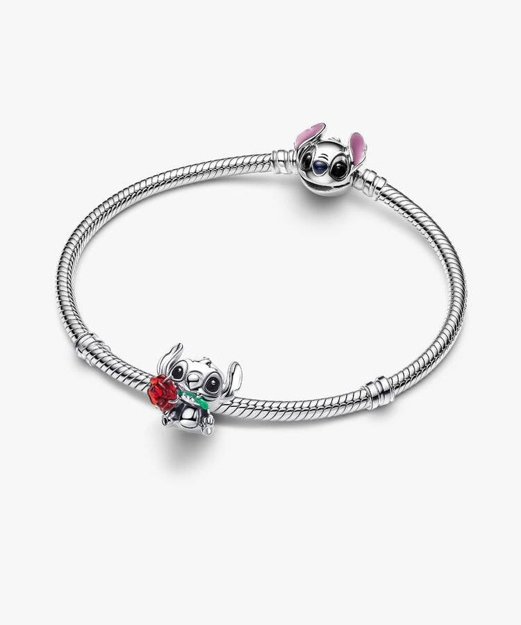 Conta Pandora Vidro Murano Rosa Stitch Disney
