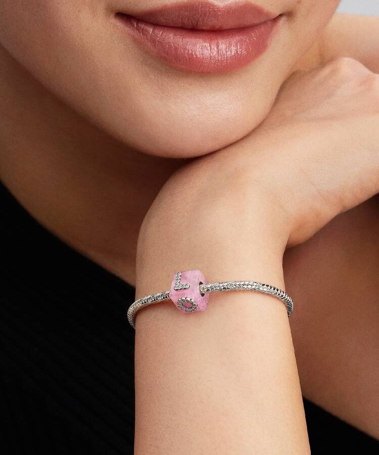 Conta Pandora Cubo Love Vidro Murano Rosa