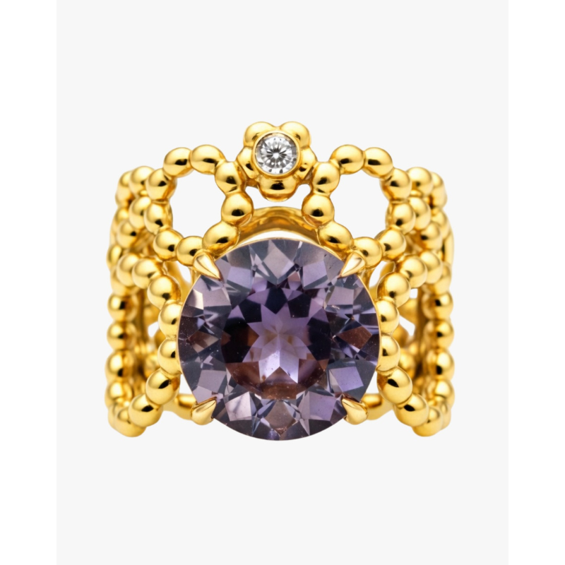 Anel Ouro Amarelo, Ametista e Diamante Natural