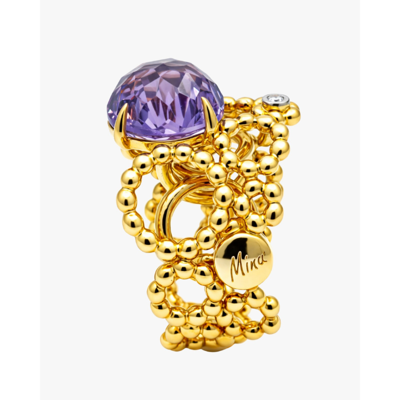 Anel Ouro Amarelo, Ametista e Diamante Natural